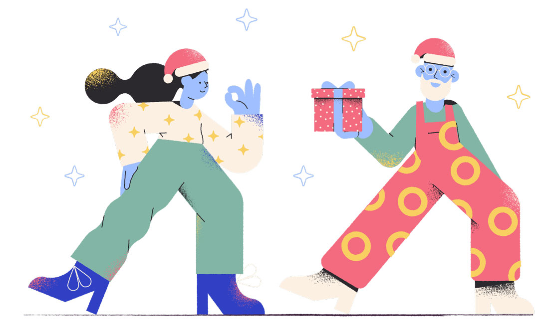 Illustration of two people wearing christmas hats and showing christmas gift